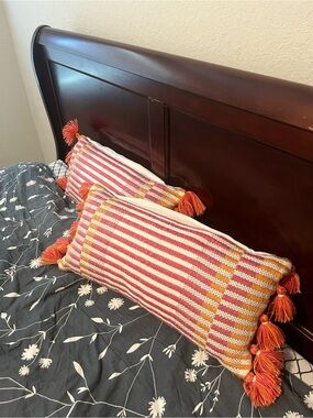 World Market Set of 2 Fuchsia Multi-Stripe Fringe Boho Lumbar Throw Pillows